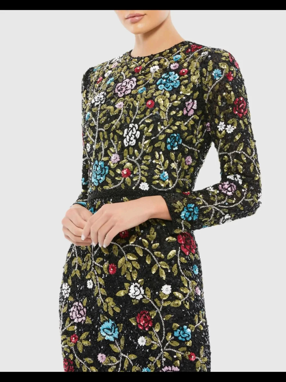 Mac Duggal Black Floral Embroidered Long-Sleeve Evening Gown